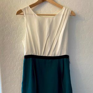 White and teal sheath dress